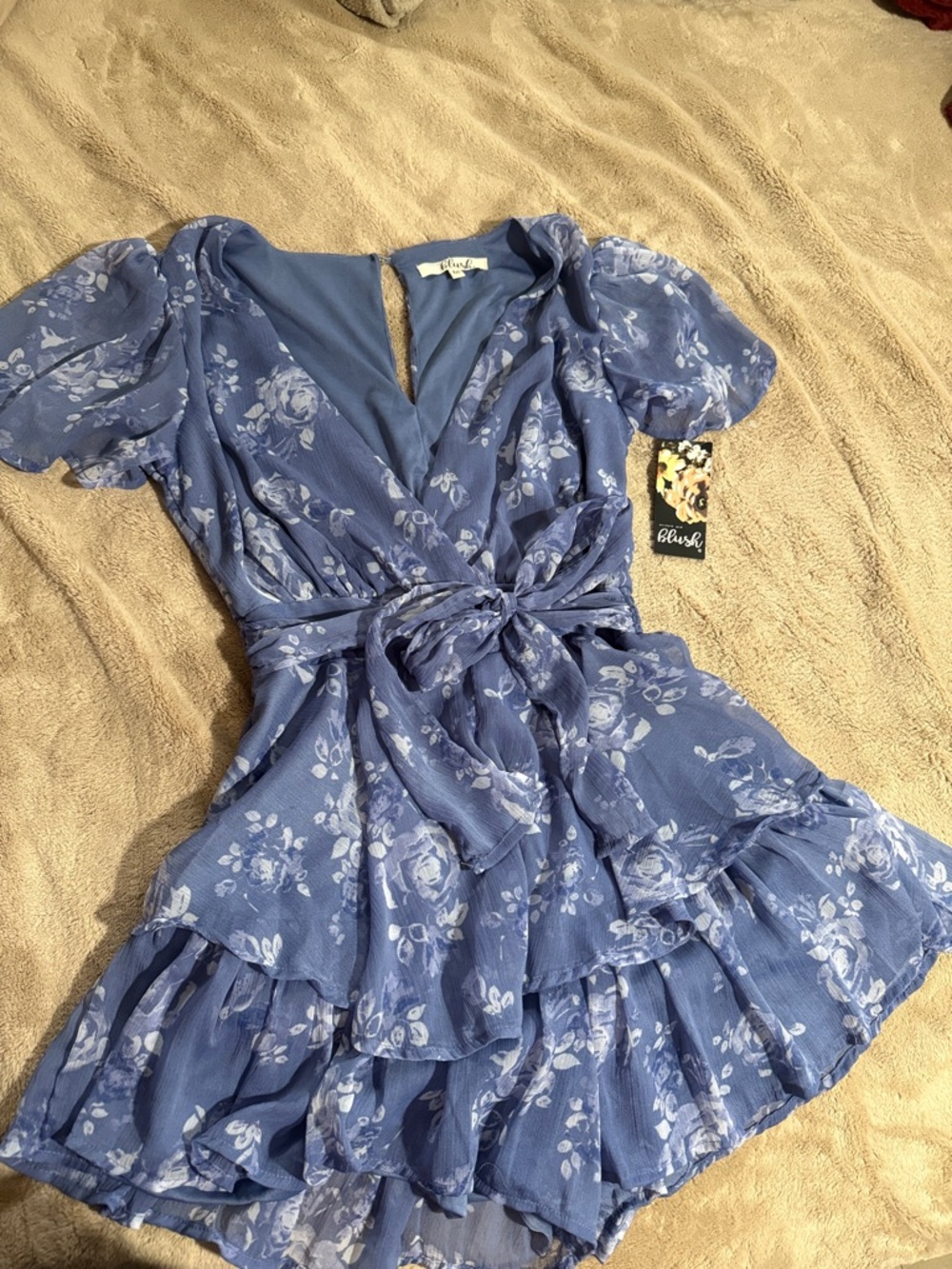 Blush Blue Floral Wrap Romper with Ruffle Skirt